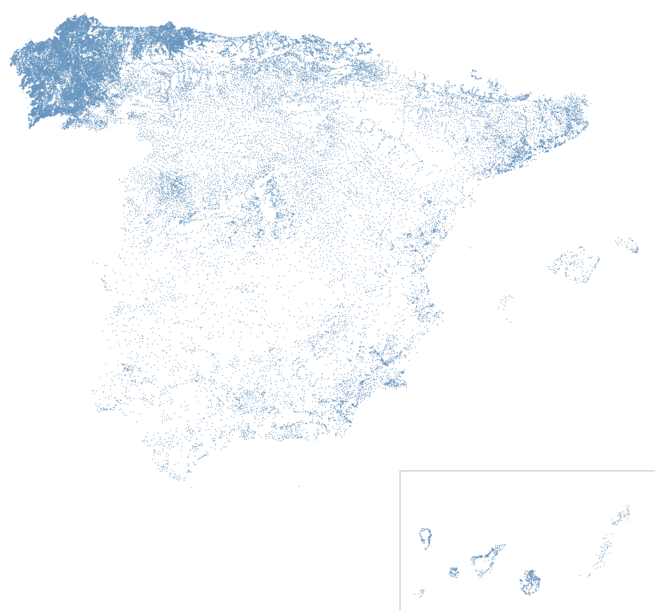Mapa de España dibujado con un punto por cada pueblo